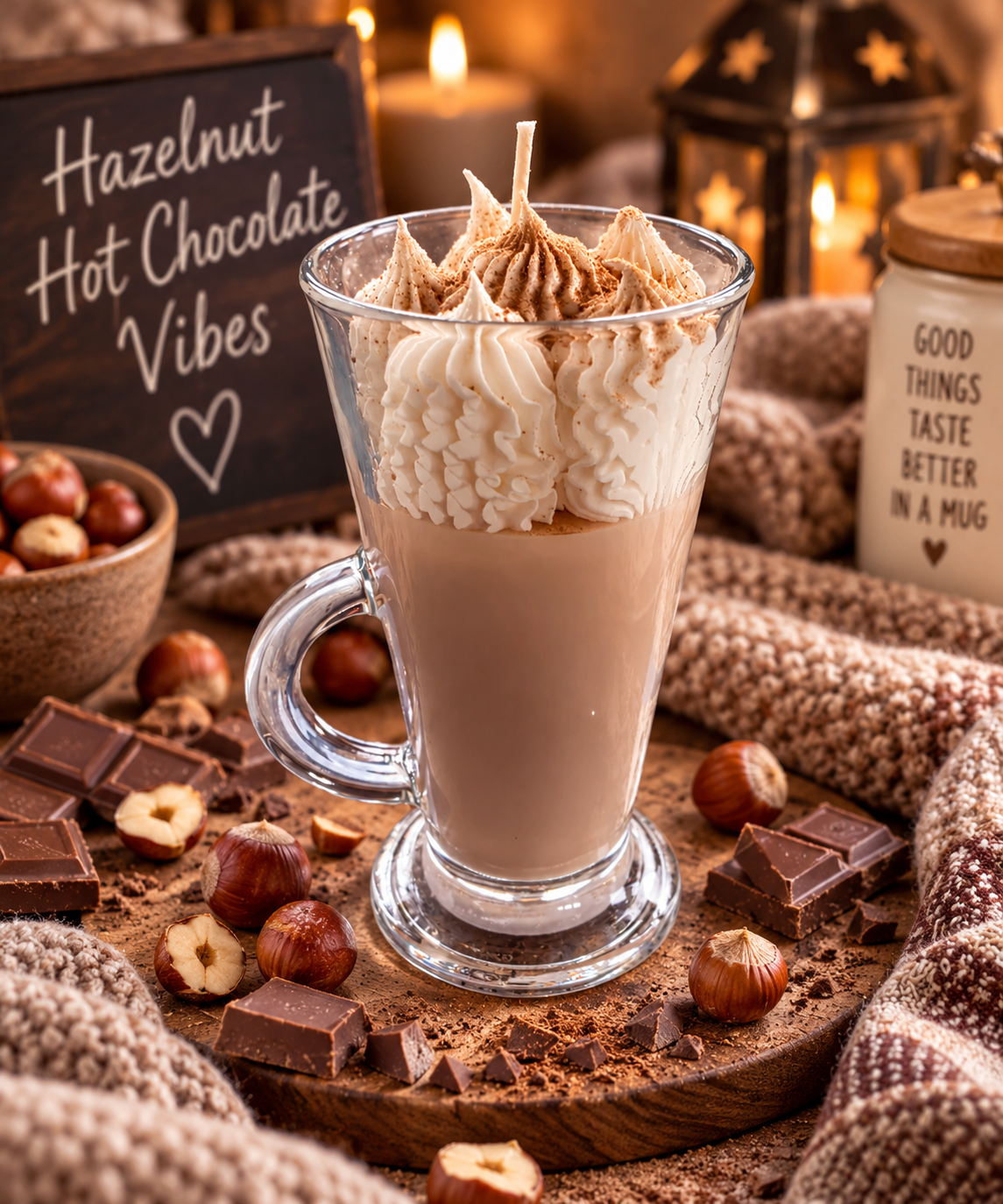 A hot chocolate drink in a clear glass mug with whipped cream and chocolate piped on top, styled on a wooden board with hazelnuts, chocolate pieces, a knit blanket, candles, and a sign reading 'Hazelnut Hot Chocolate Vibes'.