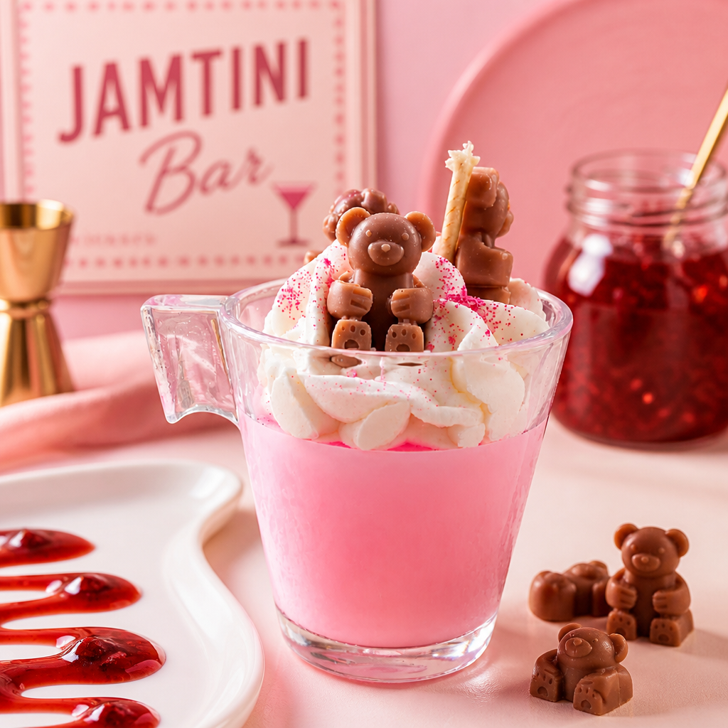 A pink dessert drink in a clear glass mug topped with whipped cream, pink candy, and chocolate bear decorations, with a pink background and a blurred sign reading 'JAMTINI Bar'.