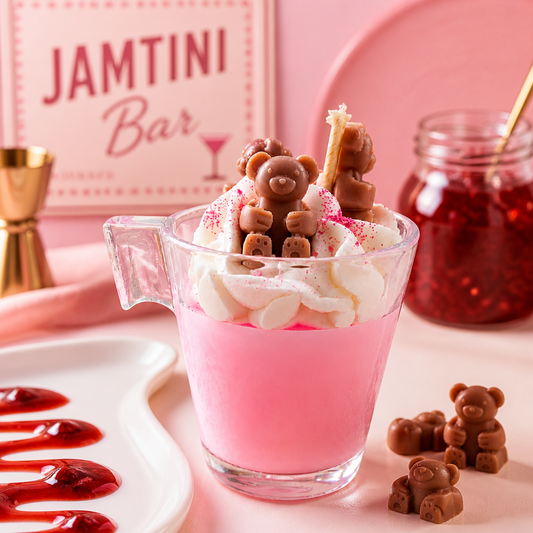 A pink dessert drink in a clear glass mug topped with whipped cream, pink candy, and chocolate bear decorations, with a pink background and a blurred sign reading 'JAMTINI Bar'.
