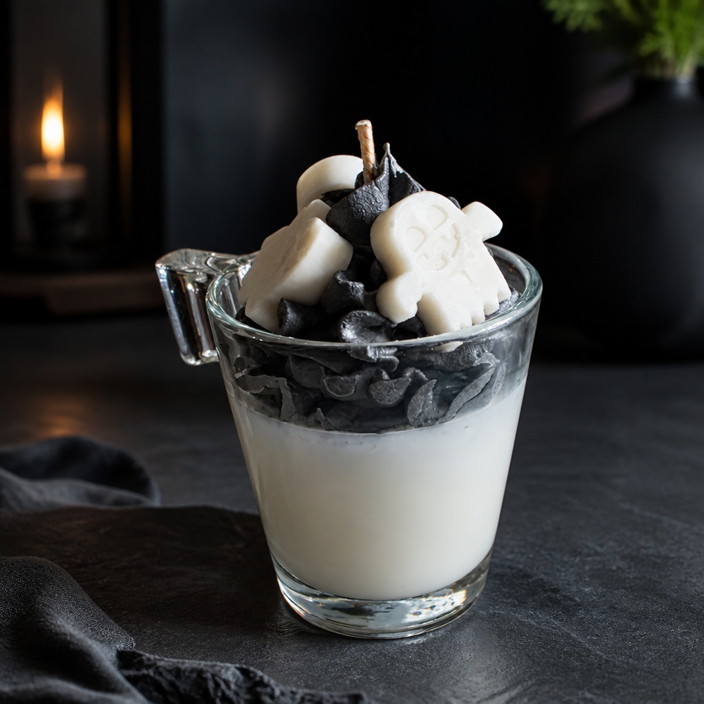 A layered candle in a clear glass mug with a handle, featuring a white base, dark charcoal black layers, and white skull-shaped wax decorations on top, set on a dark tabletop with a blurred candle in the background.