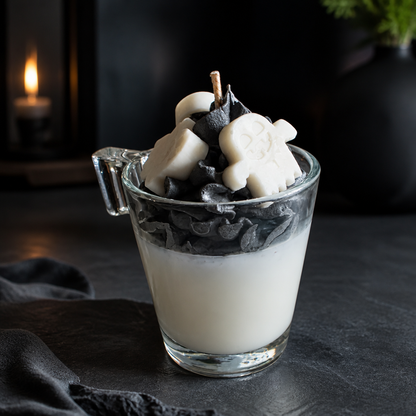 A layered candle in a clear glass mug with a handle, featuring a white base, dark charcoal black layers, and white skull-shaped wax decorations on top, set on a dark tabletop with a blurred candle in the background.