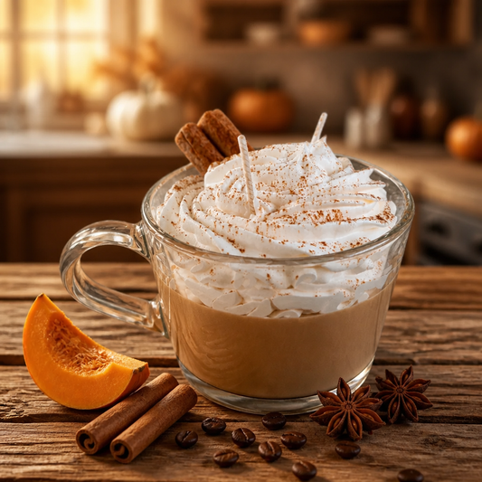 A clear glass mug filled with a warm brown beverage topped with whipped cream, cinnamon sticks, and cocoa powder, set on a rustic wooden table with orange slices, star anise, and coffee beans in a softly blurred kitchen background.